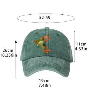 Green washed cotton baseball cap with frog print and detailed sizing measurements