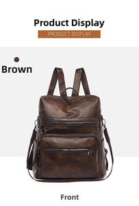 Detailed front view of brown textured leather backpack featuring multi-zipper pocket design