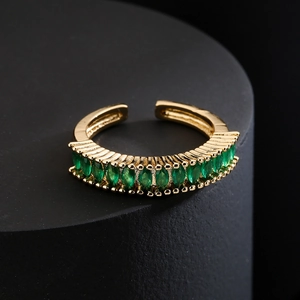 Luxurious 18K gold-plated open ring with elegant emerald-cut green cubic zirconia