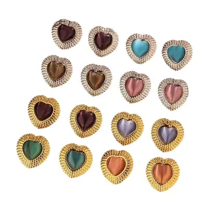 French heart-shaped stainless steel earrings with colorful cat eye stones in a matrix layout