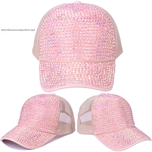 Detailed views of a pink rhinestone baseball cap with breathable beige mesh panels
