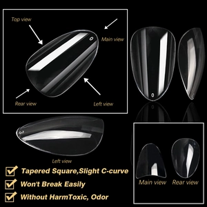 Detailed views of tapered square nail tips with a slight C-curve and numbered sizes