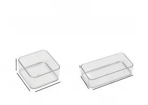 Clear acrylic drawer organizers in square and rectangular sizes with detailed dimensions