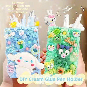 DIY cream glue pencil holder kit with 3D cartoon charms and desk stationery organizer