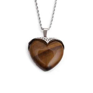Polished tiger eye heart pendant on a silver twist chain necklace for women