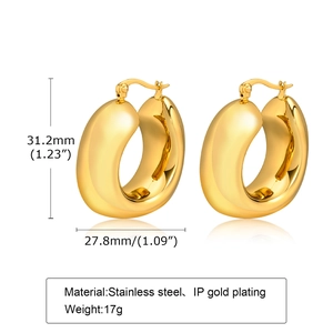 Detailed dimensions of gold chunky hollow hoop earrings in stainless steel