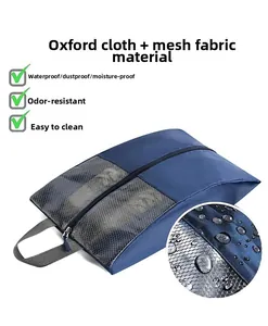 Detail view of waterproof oxford fabric shoe bag with mesh window and sturdy handle