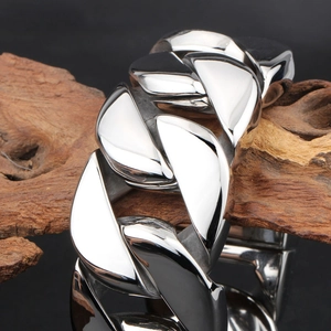 Polished chunky titanium steel Cuban link bracelet for men with silver finish