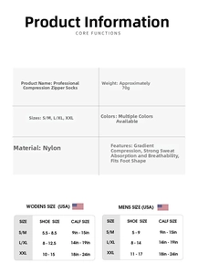 Size chart showing USA dimensions for athletic compression socks with zipper detail