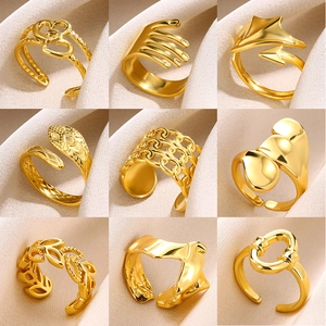Adjustable Open Rings Stainless Steel Gold Plated Snake Heart Wing Hollow Geometric Fashion Jewelry For Women