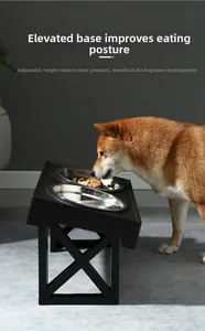 Macro-opname van verstelbare verhoogde voerbak met roestvrijstalen bakjes voor honden