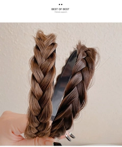 Macro detail of hand-braided fishtail headband featuring synthetic light brown hair strands