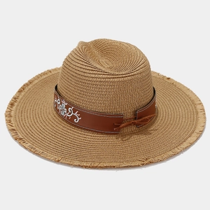 Straw sun hat with vintage floral embroidery and raw edge brim for summer beach vacation