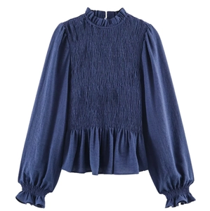 Navy blue women's smocked long sleeve blouse with honeycomb texture and ruffle collar