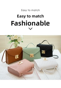 Group of woven textured small crossbody bags in five colors with gold twist-lock closures