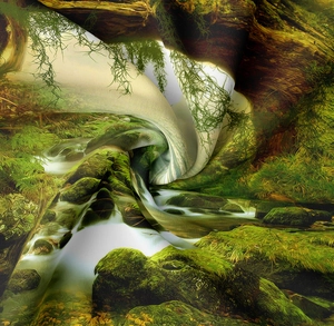Detail view of high-quality digital print fabric with forest and stream landscape pattern