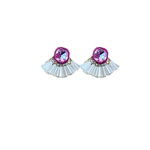 Vintage fan-shaped crystal earrings with purple gemstone and pleated white detail