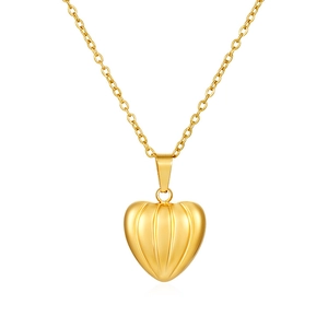 Golden heart necklace with vertical texture design in polished stainless steel for women