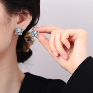 Elegant square zircon stud earrings with filigree engraving and silver finish for daily wear
