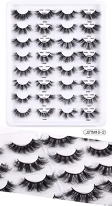 Detailed size chart showing 16 pairs of fluffy wispy thick false eyelashes dimensions