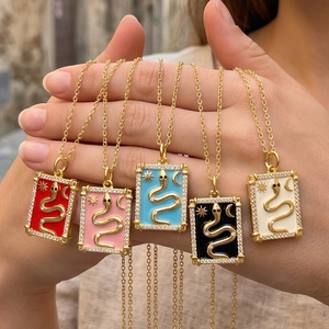 Vintage Tarot Card Pendant Necklace For Women Copper 18K Gold Plated Enamel Snake Star Moon Zirconia Hip Hop Jewelry Gift