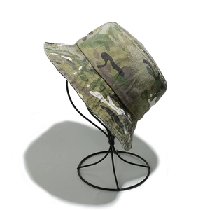 Detailed top view of a tactical camouflage bucket hat with a wide brim on a display stand