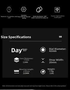 Detailed specs of the waterproof men's watch with 316L steel case and 42mm dial size
