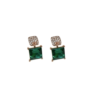 Vintage rose gold square drop earrings with emerald crystal and pavé zircon detailing
