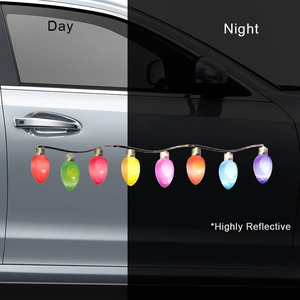 Day and night comparison of highly reflective colorful Christmas bulb car magnets