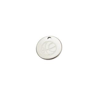 Polished silver stainless steel round pendant featuring detailed basketball line patterns