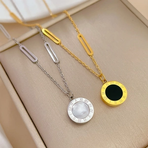 Titanium steel necklace with Roman numerals and mother of pearl pendant in gold and silver