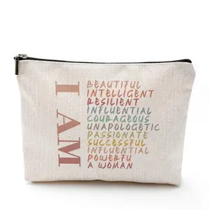 Waterproof cotton linen makeup bag with colorful letter print and black zipper closure