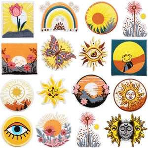 Set of 16 bohemian sun and rainbow embroidered patches for clothing and bag decoration
