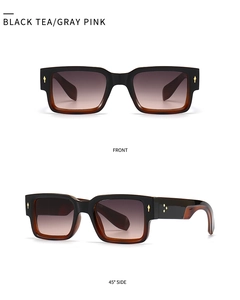 Front and 45-degree side views of square sunglasses in black tea and gray pink colorway
