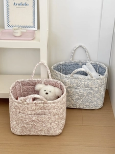 Quilted floral corduroy storage baskets with handles for home organization