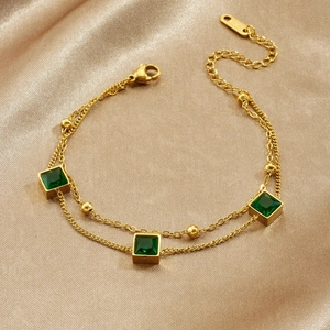 Double-layered gold-plated stainless steel bracelet with square green zircon gemstones