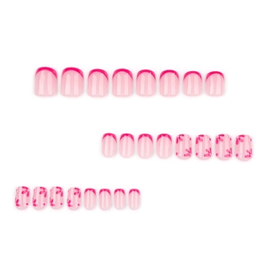 Short square red French press-on nails with floral designs and glossy finish set of 24