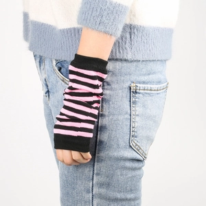 Detail of pink and black striped knit arm warmers showing fingerless sleeve design