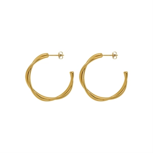 Polished 18k gold-plated twisted double-layer hoop earrings for women on white background