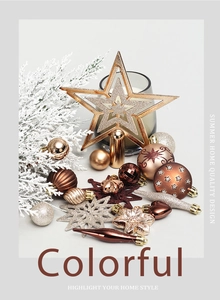 Detail of assorted rose gold and bronze Christmas ornaments with glitter and star patterns