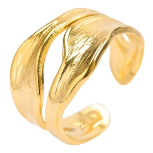 Polished gold plated stainless steel snake ring with minimalist wave texture in organic style