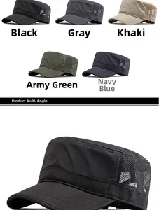 Detailed view of quick-dry mesh paneling on flat top military hats in five colors