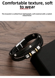 Macro view of multi-layer braided leather bracelet with silver and gold metal lucky beads