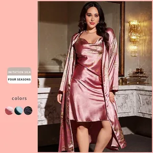 Plus Size Women Loungewear Imitation Satin Satin Floral Print V Neck Nightgown And Long Sleeve Belted Robe Elegant