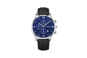 Detail of blue dial Geneva watch with roman numerals and black leather strap