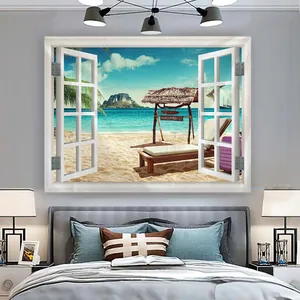 Detail view of 3D window beach tapestry featuring palm trees and tropical sea scenery