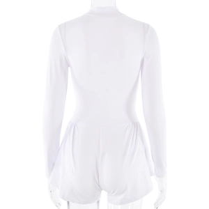 Rear view of white long sleeve romper with high neck and waist pleated details