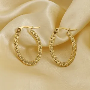 Oval Hoop Earrings Stainless Steel 18K Gold Plated Honeycomb Texture Embossed Geometric Minimalist Jewelry For Women