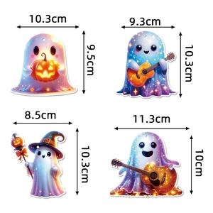Set of four cute Halloween ghost ornaments with starry patterns and size measurements