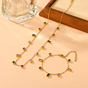 Colorful Zircon Necklace And Bracelet Jewelry Titanium Steel Geometric Rectangular Round Inlaid Elegant Fashion Trendy